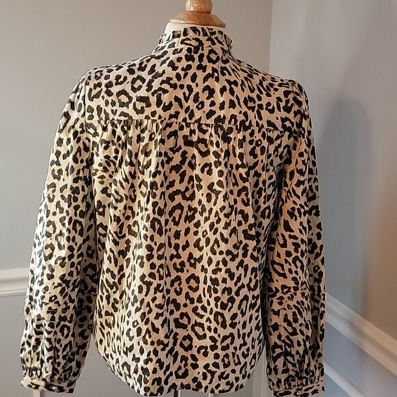 J.CREW Leopard Animal Print Half Button Front Ruffle Collar Preppy Blouse Top XS - Picture 5 of 9